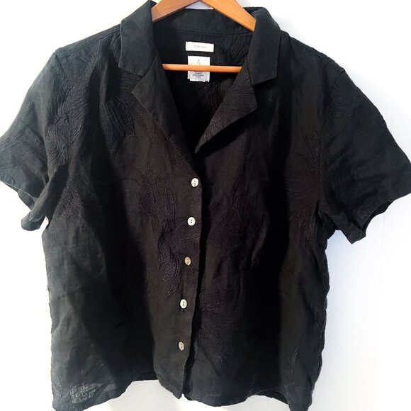 Joie Boxy Black Cropped Embroidered Linen Blouse Shell Buttons Medium - Picture 5 of 10